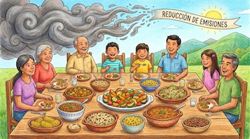Ilustración de una familia sonriente cenando. Mesa con platos de vegetales, legumbres y cereales. Nubes de humo se disipan en un cielo azul con sol y pancarta.