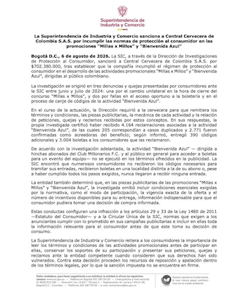 La sanción de la SIC no está en firme porque Central Cervecera puede presentar recursos de reposición y apelación - crédito @sicsuper/X