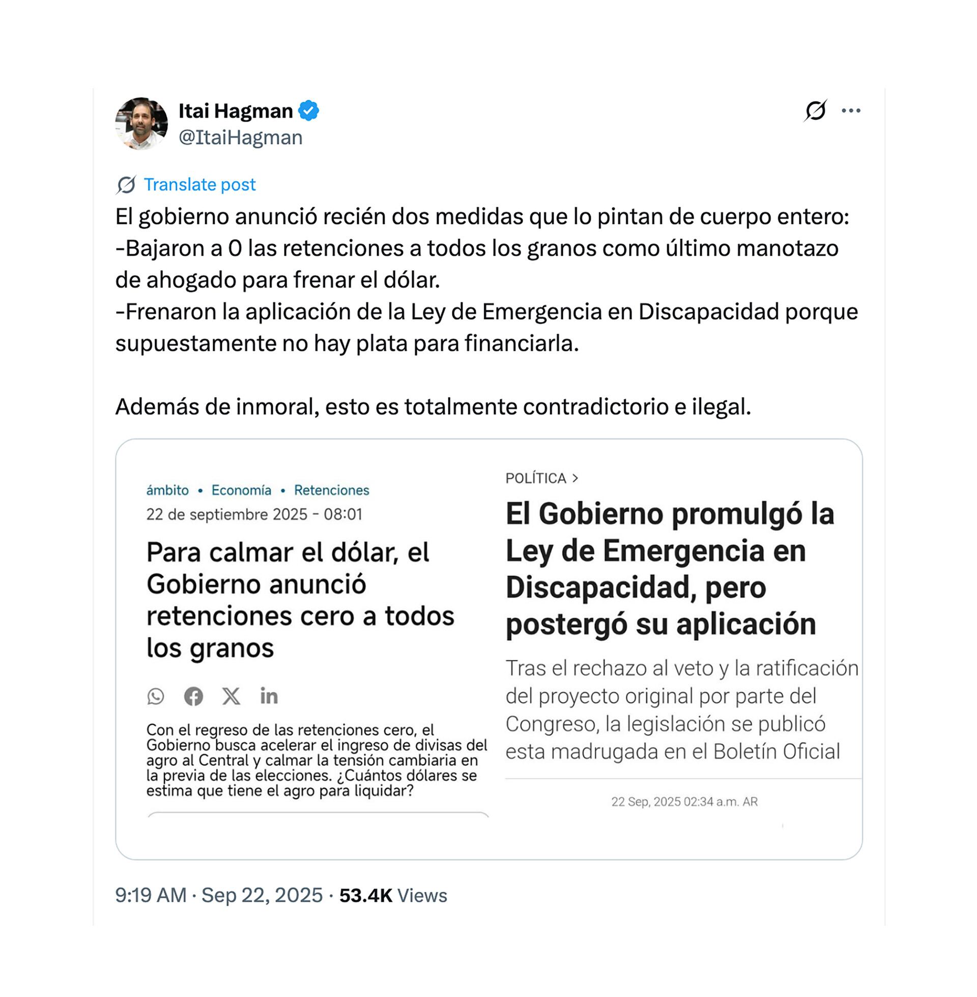 Tuit del diputado kirchnerista Itai Hagman