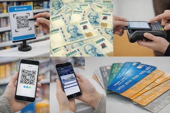 Collage de seis imágenes: un código QR de Clacredito, billetes de 20.000 pesos argentinos, un pago móvil en terminal POS, un smartphone con QR, un móvil con app y varias tarjetas de crédito.