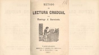 Página de portada del libro Método de Lectura Gradual de Domingo F. Sarmiento publicado en 1857, con una ilustración central de un lector.
