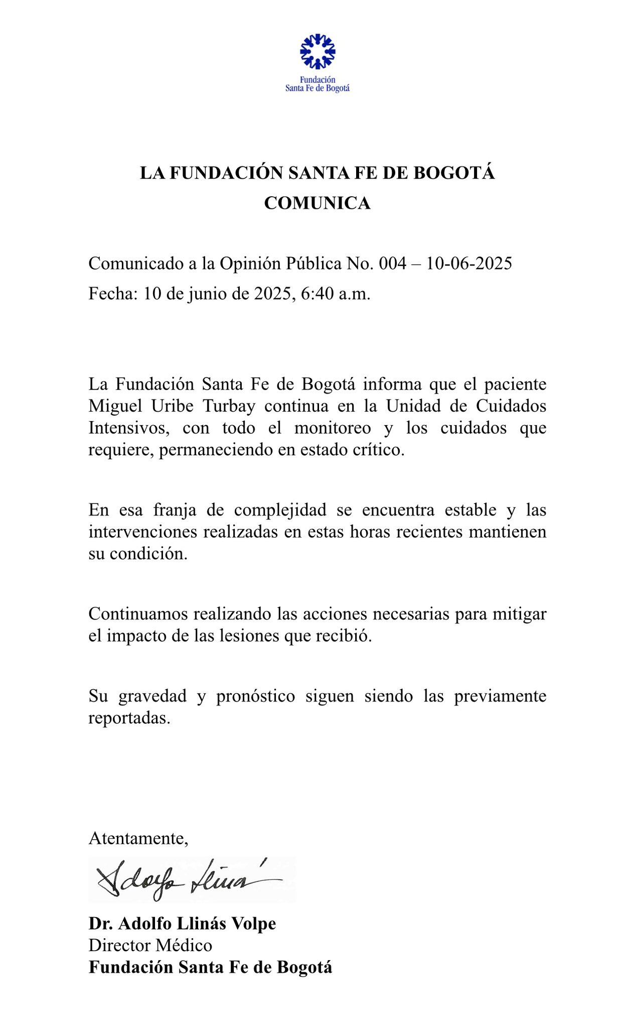 Comunicado sobre estado de salud de Miguel Uribe el 10 de junio de 2025, tras sufrir un atentado en Bogotá - Fundación Santa Fe