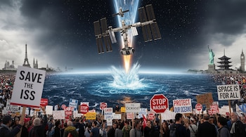 Multitud de personas protesta en costa con pancartas. La Estación Espacial Internacional cae al mar. Monumentos globales: Torre Eiffel, Estatua de la Libertad.
