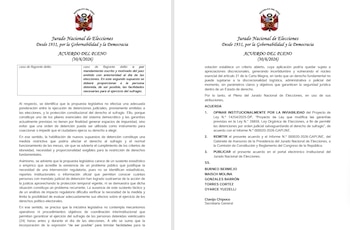 Dos páginas de un documento oficial del Jurado Nacional de Elecciones de Perú con el escudo nacional, texto impreso y firmas en la parte inferior