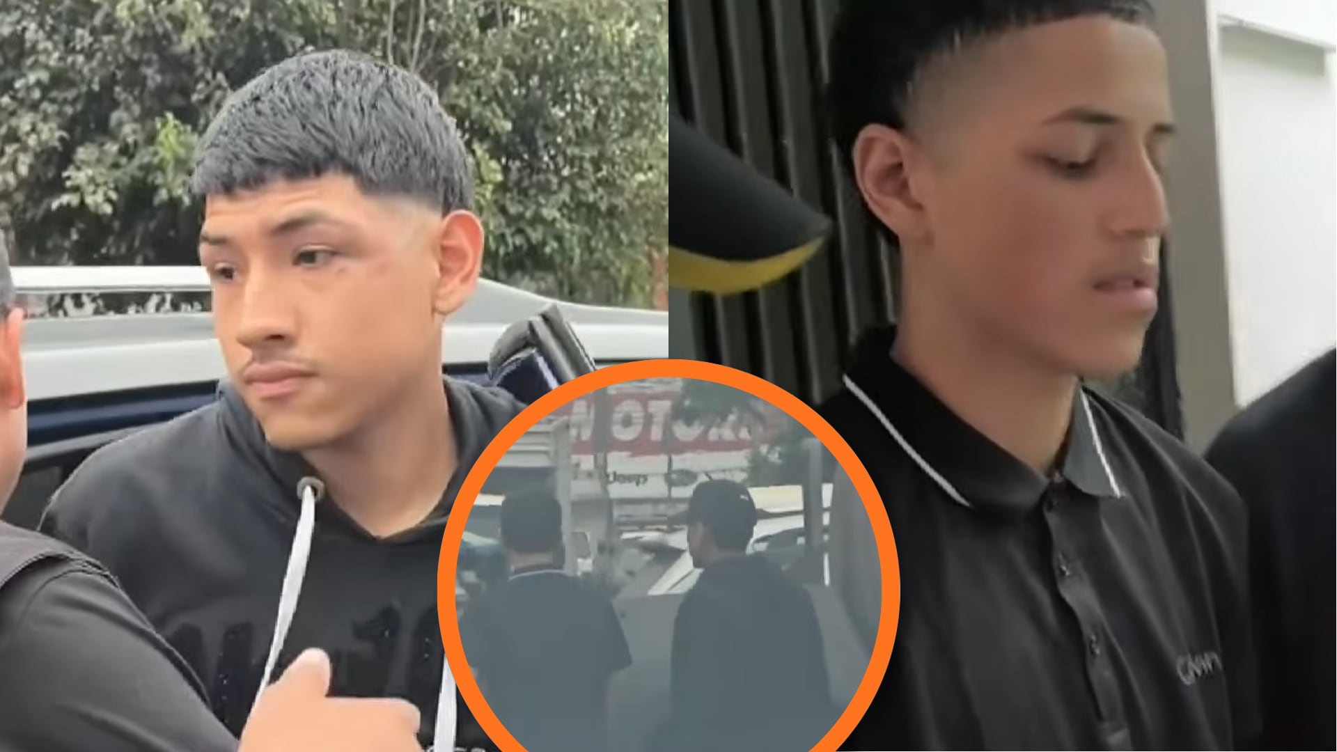 Agentes del Grupo Terna detienen a Radut Didier Alberto Charaya Santoyo y Fabricio Sebastián Sánchez Gutiérrez, de 18 años, por el robo de celulares en la avenida Las Américas, La Victoria. (Composición: Infobae Perú)