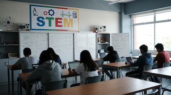 Estudiantes de espaldas sentados en un aula, usando laptops y tabletas. Se ven pizarras con fórmulas y un gran cartel STEM en la pared.