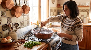 Una mujer de cabello oscuro remueve una olla de frijoles con una cuchara en una estufa. Se observan cebollas, ajos, cilantro y ollas de cobre colgando.