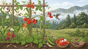 Ilustración de plantas de ayocote con flores, vainas, raíces y polinizadores en una milpa, junto a dos canastas con flores y semillas.