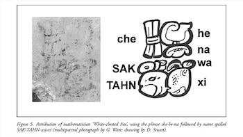 La firma del matemático Zorro de pecho blanco, que utiliza la frase che-he-na (traducible como "así dice…") Luego aparece su nombre escrito SAK-TAHN-wa-xi.
Revista Antiquity