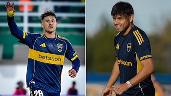 Composición de dos fotos de perfil de futbolista. Izquierda: Adam Bareiro con camiseta azul y amarilla de Boca. Derecha: Ángel Romero con camiseta similar