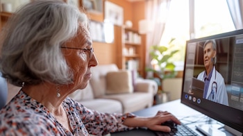 Abuela utilizando su computadora para una videollamada médica, mostrando la integración de la tecnología en el cuidado de la salud para la tercera edad. La consulta virtual con su médico refleja un paso adelante en el acceso a la medicina, asegurando su bienestar desde la comodidad de su hogar. (Imagen ilustrativa Infobae)