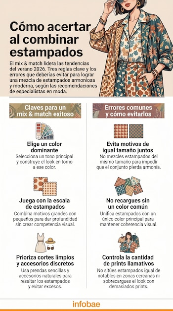Infografía de moda con una mujer vestida con múltiples estampados, titular, subtítulo, y dos secciones con texto, íconos e ilustraciones. Fuente Infobae.