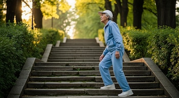 Persona mayor con ropa deportiva azul subiendo escaleras en un parque bordeado de arbustos y árboles