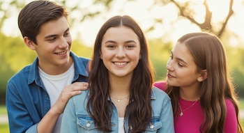 Tres jóvenes, dos mujeres y un varón, posan al aire libre; la joven del centro sonríe a cámara y es flanqueada por sus hermanos.