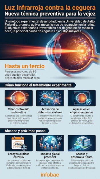 Infografía que muestra el ojo humano con un haz de luz infrarroja, diagramas de células, y secciones de texto explicando el tratamiento experimental.