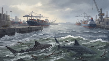 Puerto industrial con dos buques de carga, grúas, edificios y contenedores. Dos tiburones nadan en el mar con olas, ramas flotantes y lluvia.
