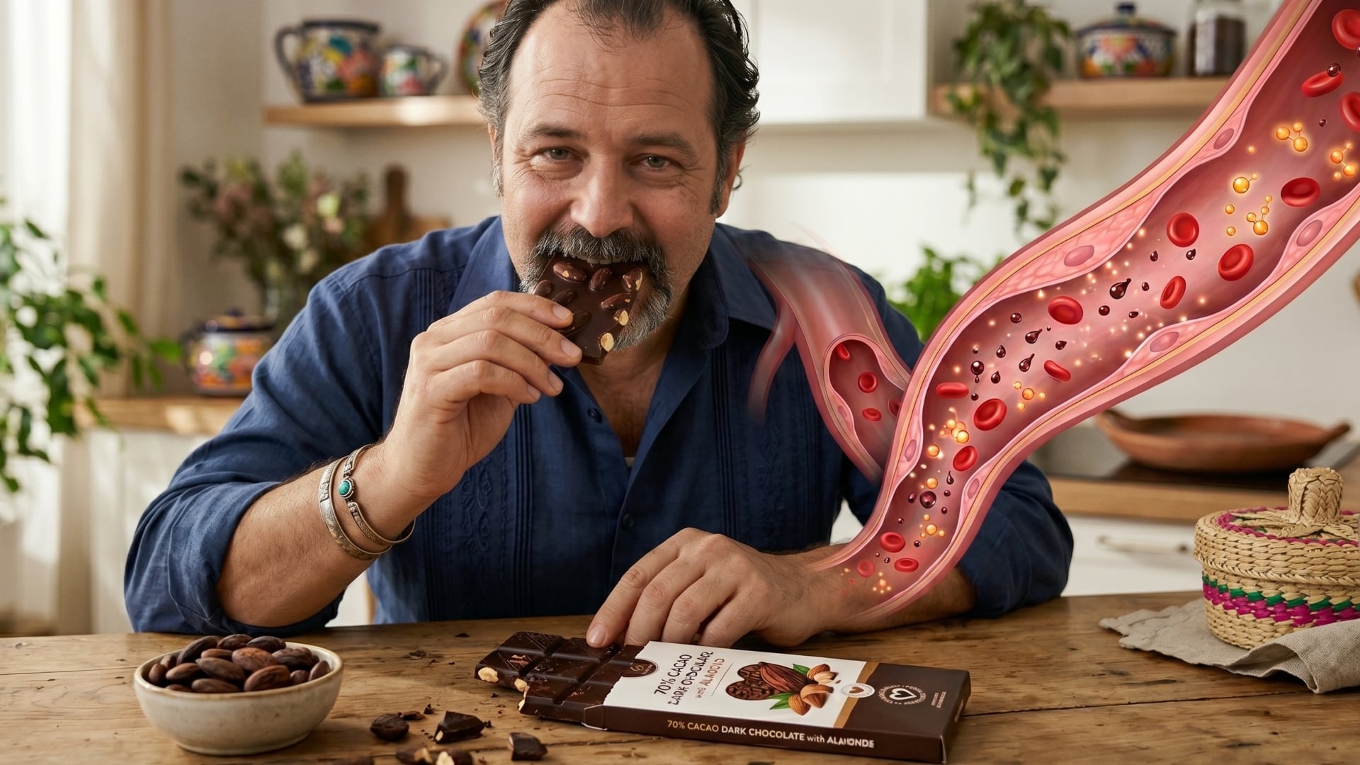 Un hombre disfruta de chocolate negro con almendras, una mezcla cuya investigación reciente ha demostrado ayuda a reducir el colesterol LDL. (Imagen ilustrativa IA Infobae)