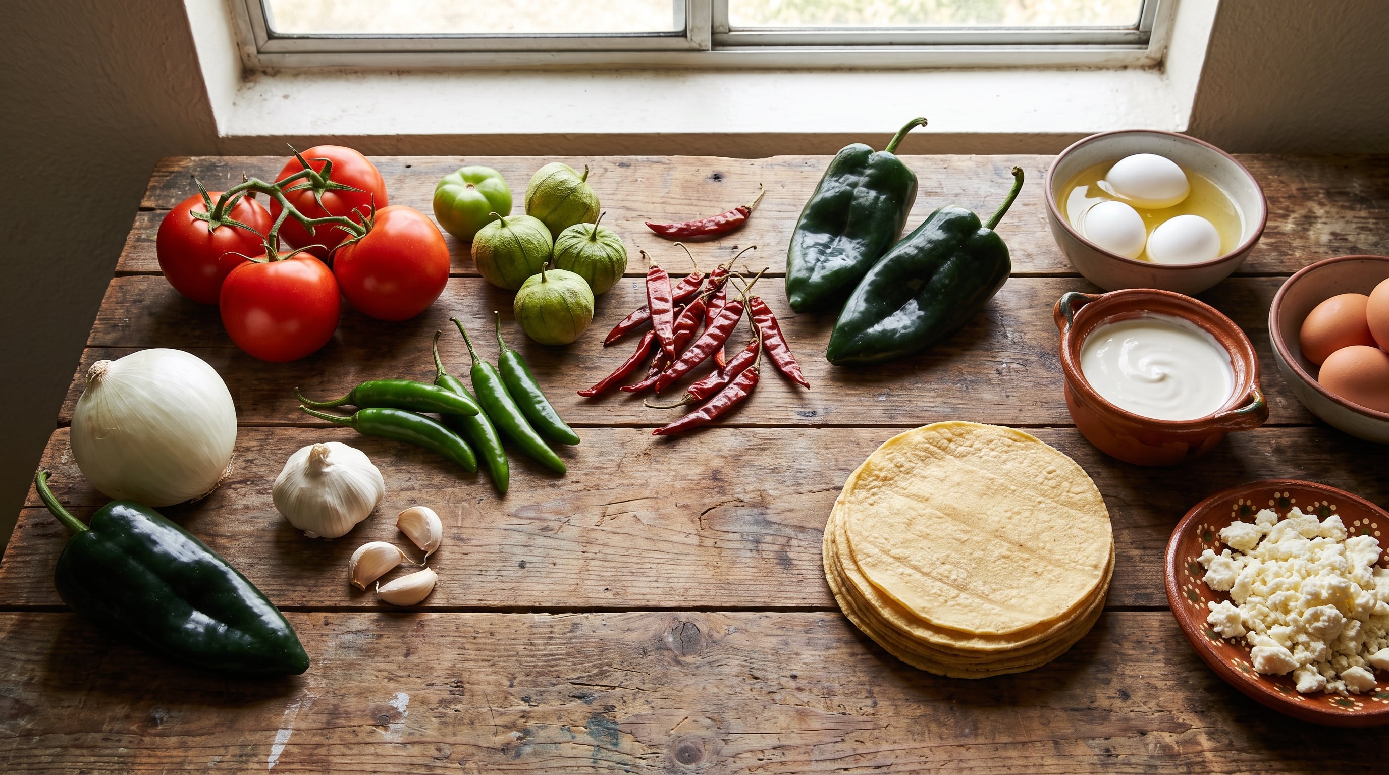 Varios ingredientes frescos de la cocina mexicana se disponen sobre una mesa de madera para la elaboración de chilaquiles divorciados. (Imagen Ilustrativa Infobae)