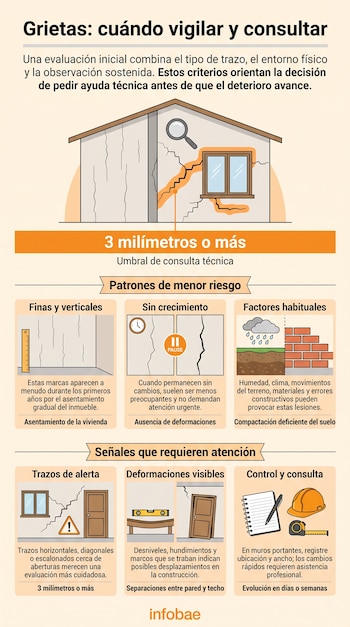 Infografía explicativa con esquemas de una casa, tipos de fisuras en paredes, símbolos de medición y el logotipo de Infobae.