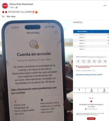 Captura de pantalla de un teléfono móvil con el mensaje de cuenta en revisión en WhatsApp y alertas de intentos de acceso bloqueados