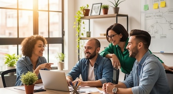 Cuatro colegas sonrientes, dos hombres y dos mujeres, colaboran frente a una laptop en una oficina luminosa con plantas y una pizarra de fondo.