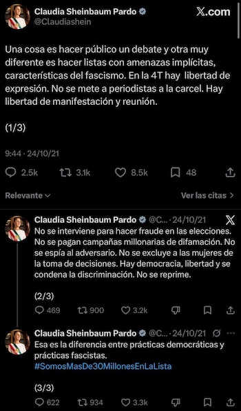 En la grabación, la presidenta exhibe tres publicaciones del 24 de octubre de 2021, cuando encabezaba la CDMX, y contrasta el debate público con “listas” que describe como amenazas implícitas