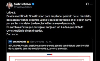 El también exsenador colombiano comparó el caso de Nayib Bukele con el de Álvaro Uribe Vélez por las modificaciones legales para extender su permanencia en el poder - crédito X