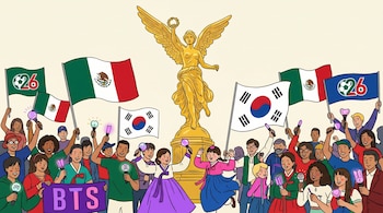 Ilustración colorida de una multitud celebrando frente al Ángel de la Independencia, con banderas de México y Corea del Sur, lightsticks de K-pop y logos del Mundial 2026.