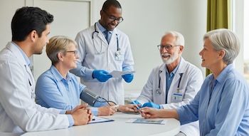 Cinco profesionales de la salud, incluyendo hombres y mujeres, atienden a una persona mayor en una clínica, tomándole la presión y entregando folletos.