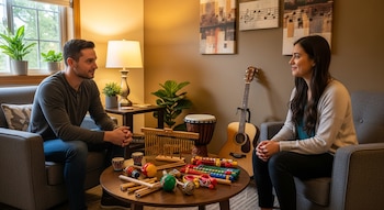 Un hombre y una mujer sentados en sillones frente a frente con una mesa redonda que contiene instrumentos musicales; hay una guitarra y un tambor.