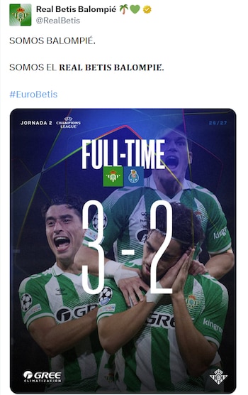 El Real Betis venció 3-2 al Porto en La Cartuja tras concretar una remontada en la recta final del partido. (X/ @RealBetis)