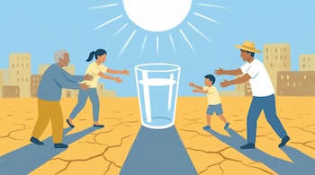 Ilustración: Cuatro personas (anciano, mujer, niño, hombre con sombrero) estiran brazos hacia un vaso de agua. El suelo está seco y agrietado bajo un sol intenso, con edificios al fondo.
