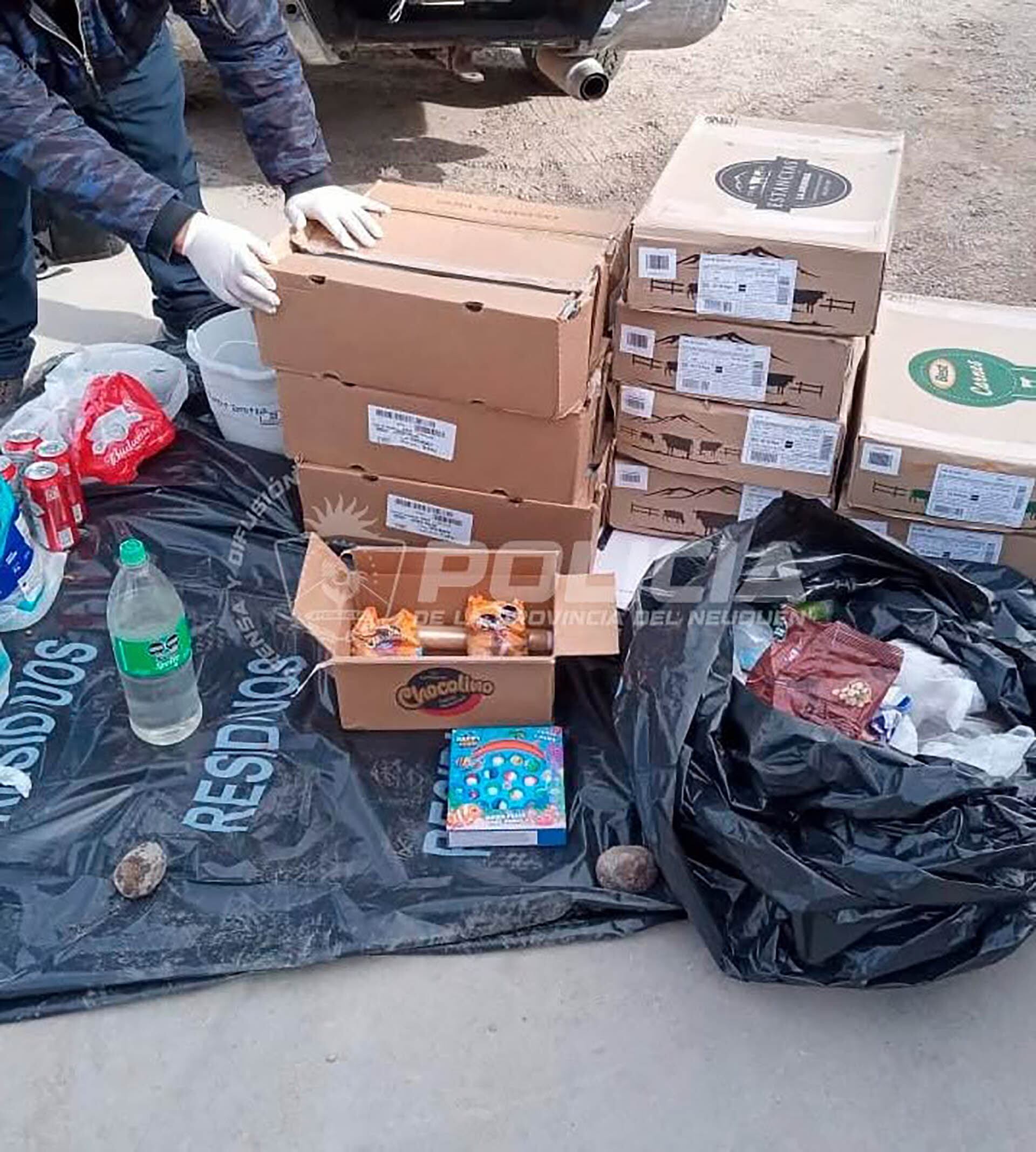 Parte de la mercadería hallada en la camioneta del hijo de Marisa Torres San Juan. (@policiadelneuquen)