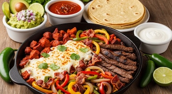 Una sartén con alambre de chorizo, bistec, pimientos, cebolla, tocino y queso derretido. Alrededor, guacamole, salsa, tortillas, jalapeños y limas.