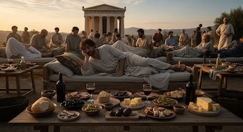 Grupo de personas reclinadas en divanes al aire libre con mesas con comida y vino. Un templo clásico se ve al fondo bajo un cielo de atardecer.