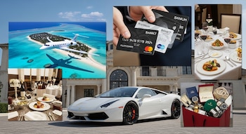 Collage de imágenes que muestran un jet privado sobre una isla tropical, manos con tarjetas de crédito, un auto deportivo blanco, mesas de lujo y una bolsa con relojes.
