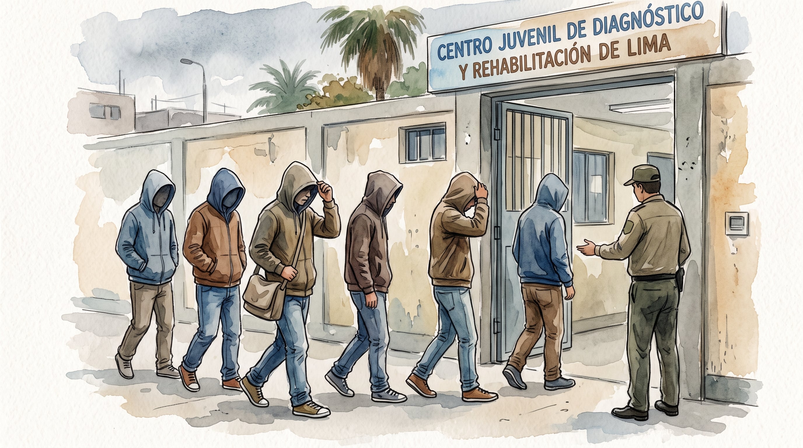 Seis adolescentes encapuchados ingresan en fila al Centro Juvenil de Diagnóstico y Rehabilitación de Lima custodiados por un agente. (Imagen Ilustrativa Infobae)