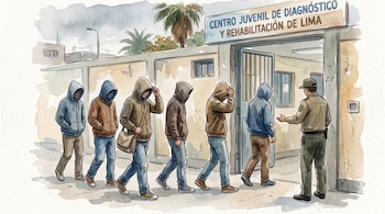 Ilustración en acuarela de seis jóvenes con capucha caminando en fila hacia un edificio con letrero y un agente junto a la puerta.