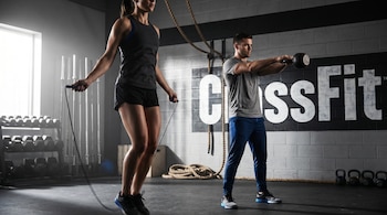 Una mujer salta la cuerda en primer plano y un hombre levanta una pesa rusa en un gimnasio moderno con el logo de CrossFit en la pared del fondo.
