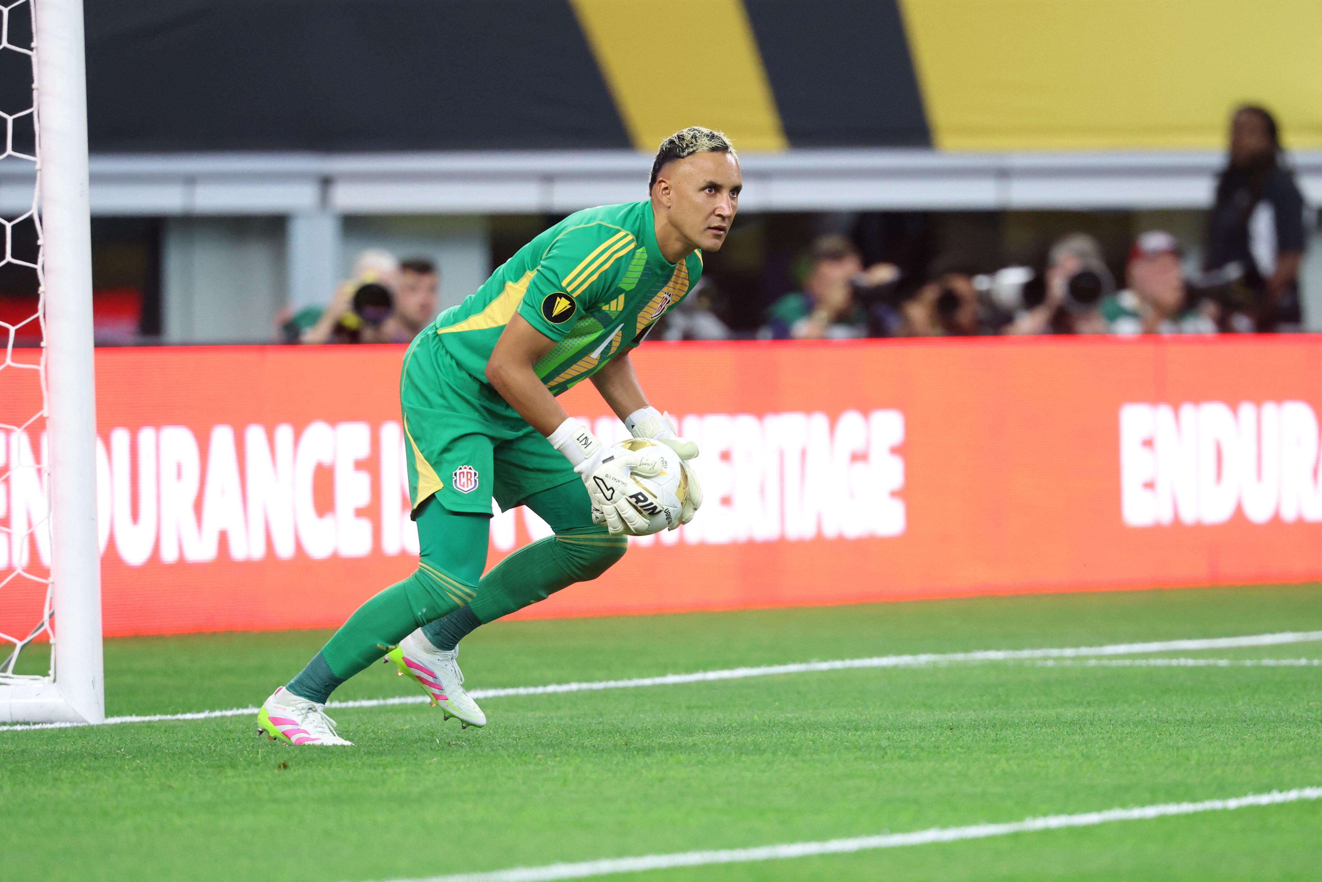 Jun 18, 2025; Arlington, Texas, USA; Costa Rica goalkeeper Keylor Navas (1) makes a save against the Dominican Republic during a group stage match of the 2025 Gold Cup at AT&T Stadium. Mandatory Credit: Kevin Jairaj-Imagn Images