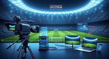 Cámara de televisión con trípode, estadio de fútbol lleno de público, servidores digitales, cables, un televisor, una laptop, un celular y texto "LIVE STREAM".