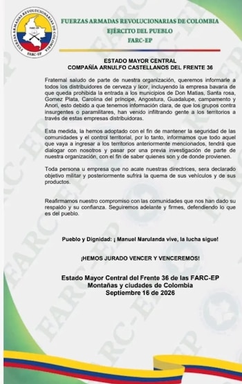 El grupo armado argumentó una supuesta infiltración de organizaciones paramilitares para justificar las restricciones en la zona - crédito Captura de Pantalla X/Blu Radio