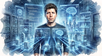 Hombre, Sam Altman, rodeado de pantallas holográficas con código, cerebros y el logo AI, junto a edificios digitales, servidores y una ciudad futurista.