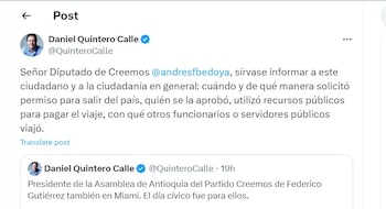 Daniel Quintero Calle cuestiona al diputado de Antioquia, Andrés Felipe Bedoya - crédito @QuinteroCalle