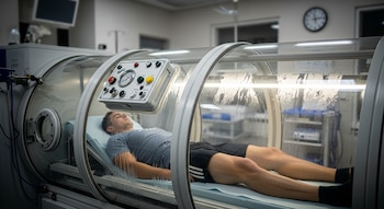 Hombre recostado en cama dentro de una cámara hiperbárica cilíndrica transparente. Tiene un panel de control con medidores y botones. Un reloj de pared se ve al fondo.