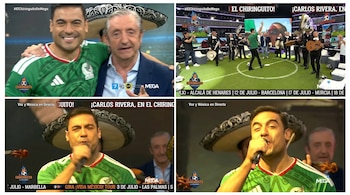 Collage de cuatro imágenes de Carlos Rivera con una camiseta verde de México y mariachis en un estudio de televisión, con logos de El Chiringuito y Mega.