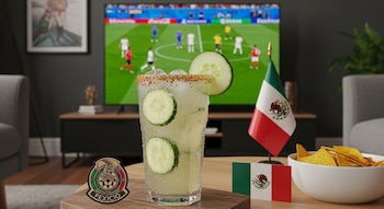 Un vaso de bebida con hielo y rodajas de pepino, un plato de totopos de maíz, dos banderas de México, un posavasos y un televisor con un partido de fútbol.