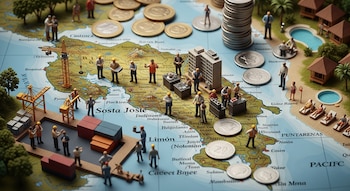 Mapa de Costa Rica con figuras miniatura de personas, edificios, grúas, contenedores y árboles. Varias monedas. Playas con personas en tumbonas y piscinas.