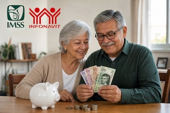 Una mujer y un hombre mayor observan billetes de banco sobre una mesa con una alcancía blanca, monedas y dos logotipos en la esquina superior.