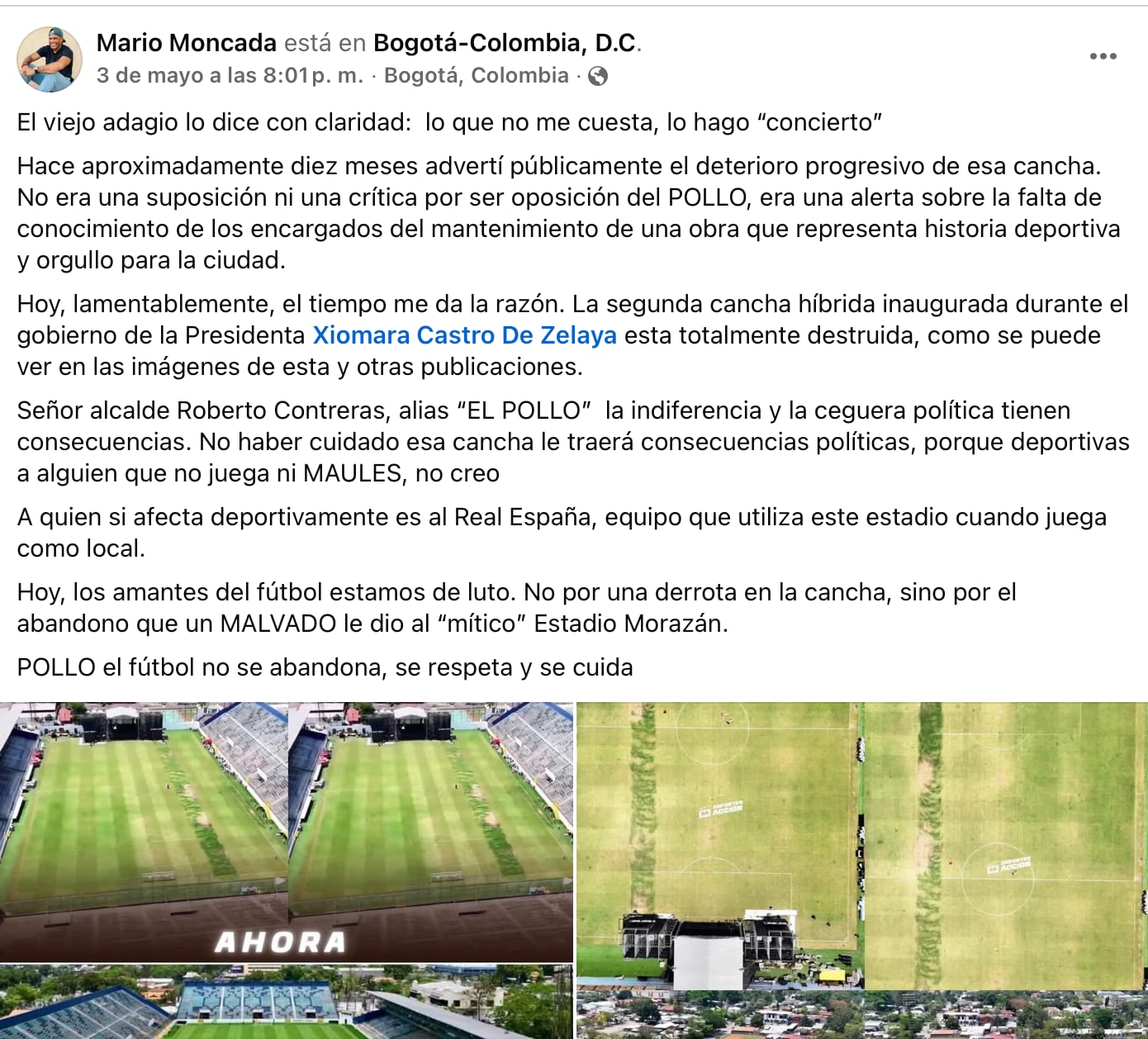 Exfuncionario denuncia deterioro del Morazán y responsabiliza a autoridades. (FOTO: Facebook)